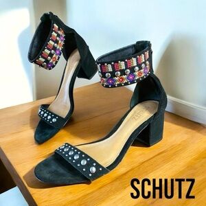 SCHUTZ-size 8.5 Naharis Heel, black suede, embroidered/beaded, back zip. EUC!